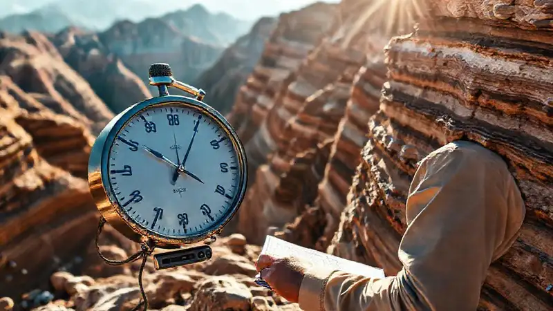 Geólogo estudia formaciones en montaña con reloj