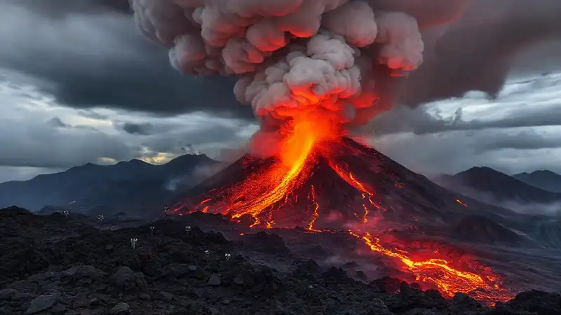Erupción volcánica con lava y cenizas
