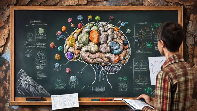 Escena educativa con datos geológicos y estudio