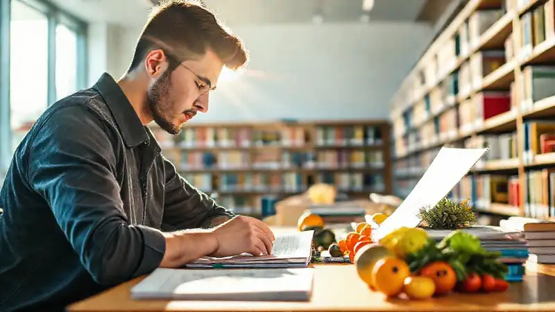 Estudiante de nutrición en biblioteca moderna