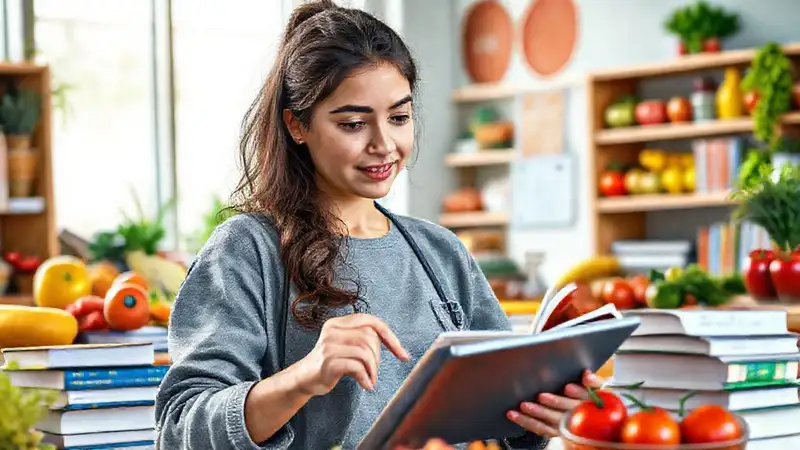 Estudiante de nutrición en aula moderna y vibrante