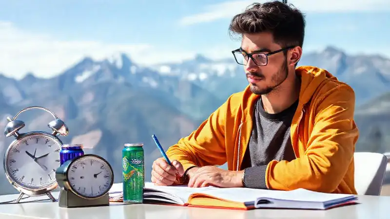 Estudiante estudiando con energía en un entorno vibrante