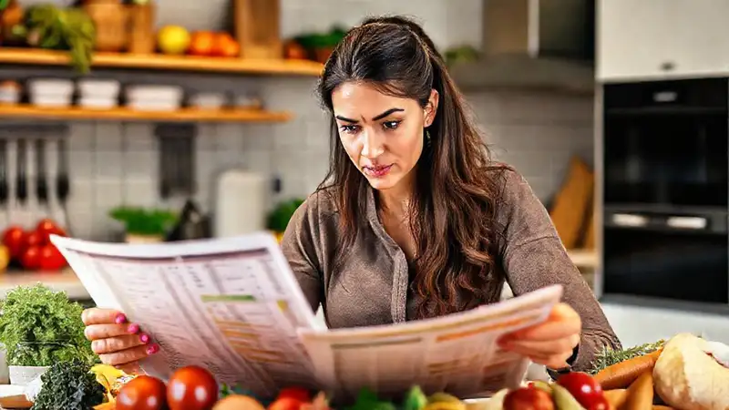 Mujer enfocada estudiando nutrición en cocina