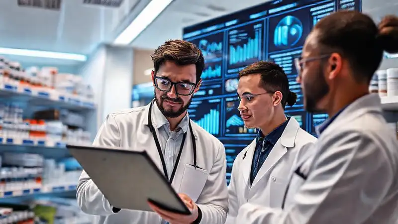 Farmacia moderna con tecnología y análisis de datos