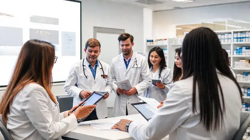 Capacitación de farmacia con equipo diverso y moderno