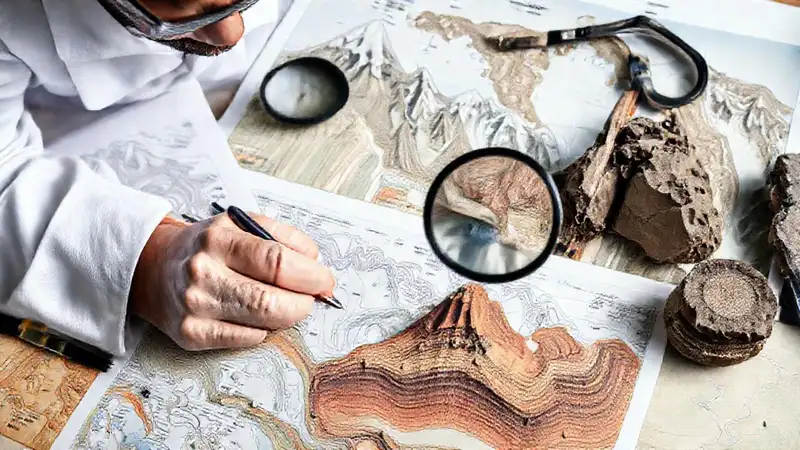 Herramientas geológicas y mapas en análisis científico