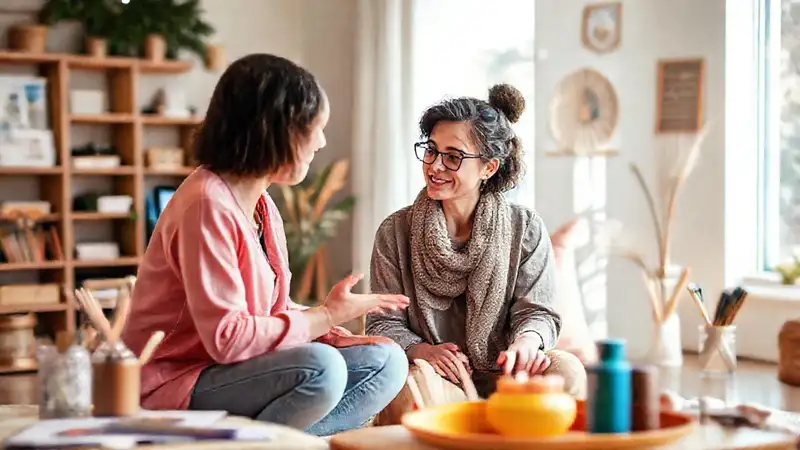 Terapeuta guía paciente en ambiente cálido y conectado