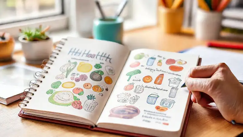 Cuaderno colorido con notas y comida saludable