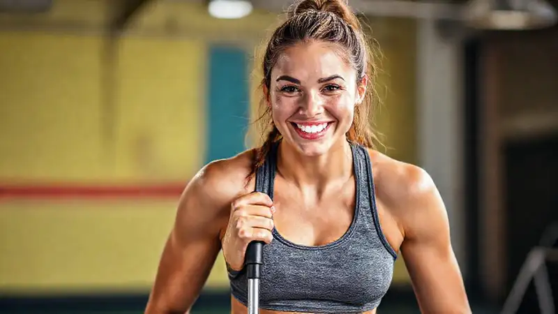 Atleta femenina motivada con sonrisa y muletas