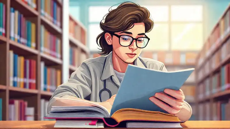 Estudiante estudia farmacéutica en biblioteca motivadora