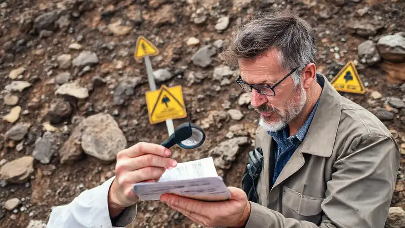 Investigador analiza riesgos geológicos en terreno difícil