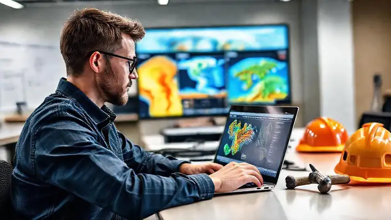 Estudiante de geología con software y herramientas