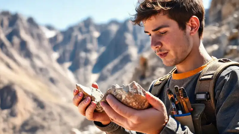 Estudiante explorando rocas en montaña brillante