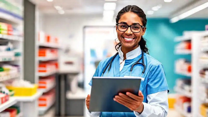 Farmacéutico moderno con tablet y sonrisa confiada