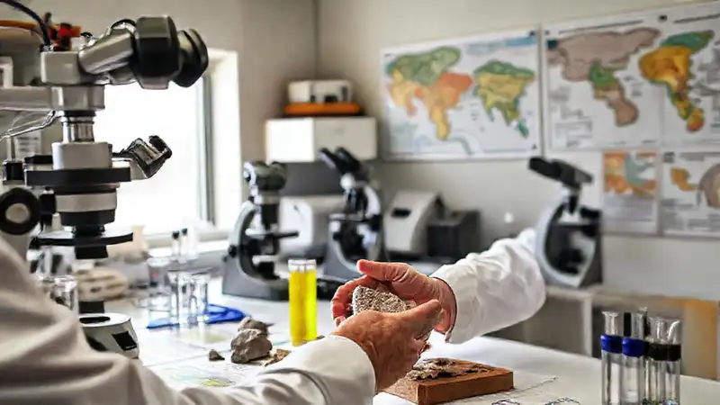 Geólogo estudia muestras en laboratorio con equipo
