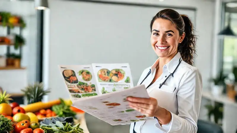 Nutricionista femenina muestra planes de alimentación saludable