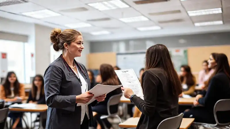 Terapeuta ocupacional en aula moderna y organizada