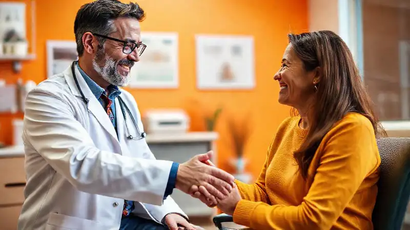 Doctor atento, paciente sonriente en ambiente cálido