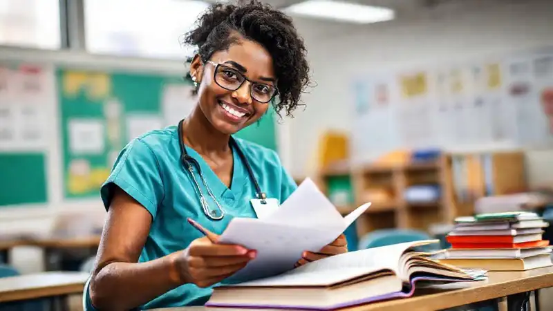 Estudiante de enfermería estudia con confianza y determinación