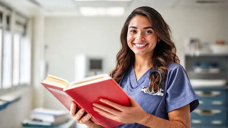 Estudiante de enfermería estudiando con confianza