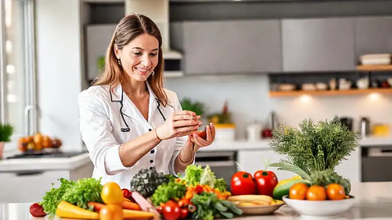 Nutricionista prepara comida saludable en cocina moderna