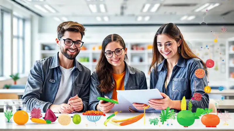 Estudiantes universitarios estudian nutrición con colores vibrantes