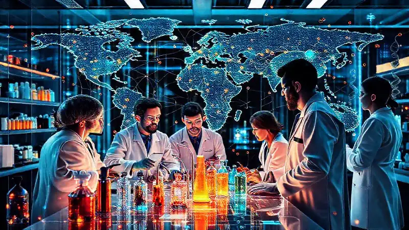 Científicos colaborando en laboratorio futurista global