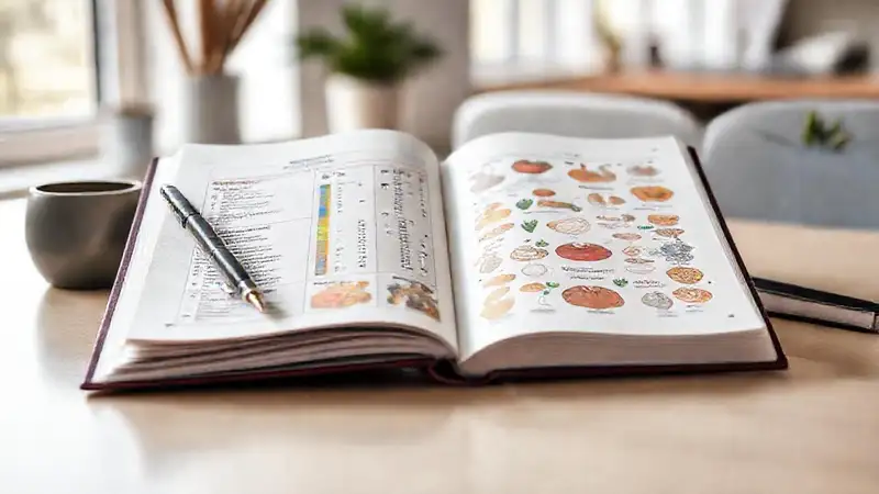 Cuaderno colorido con ilustraciones y gráficos nutritivos