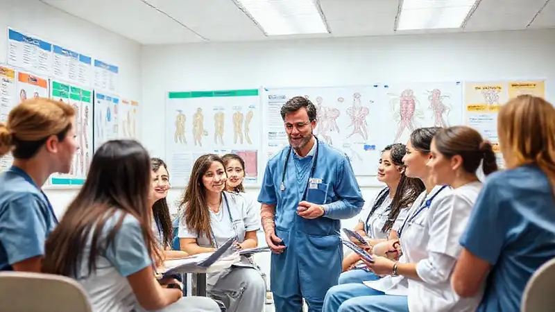 Estudiantes de enfermería en aula moderna y ordenada