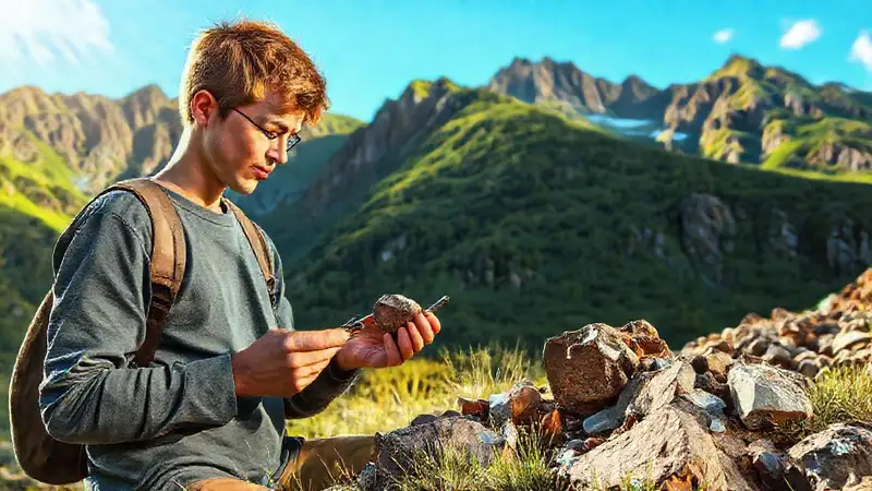 Estudiante de geología explora rocas en naturaleza