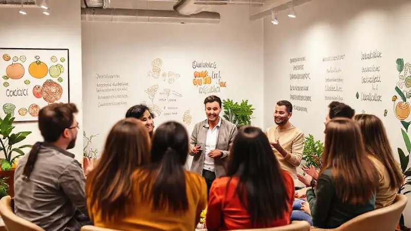 Nutricionista profesional motiva grupo en oficina moderna