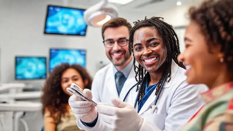Dentista sonriente en clínica moderna y luminosa