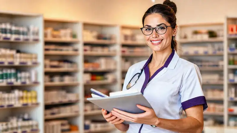 Mujer segura estudiando en farmacia moderna