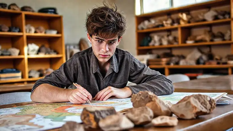 Estudiante de geología en aula con muestras