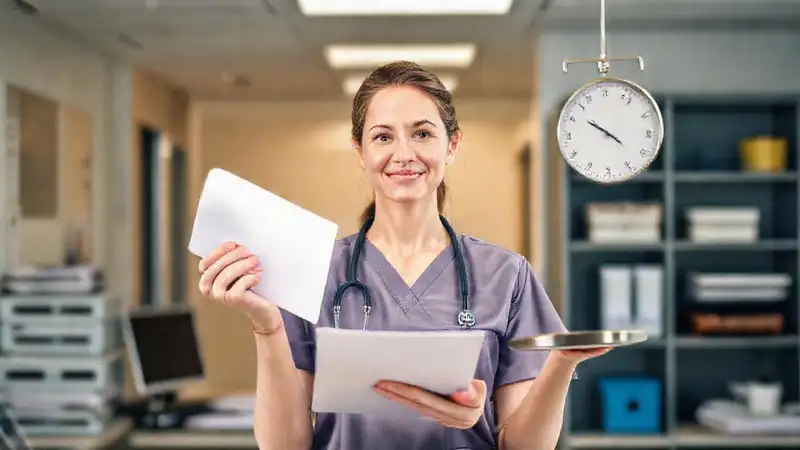 Enfermera organizada en hospital moderno y tranquilo