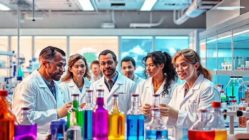 Científicos colaborando en laboratorio futurista colorido