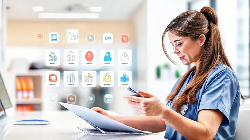 Enfermera aprende con recursos digitales modernos