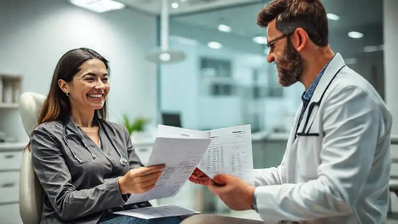 Dentista y paciente revisando documentación en clínica