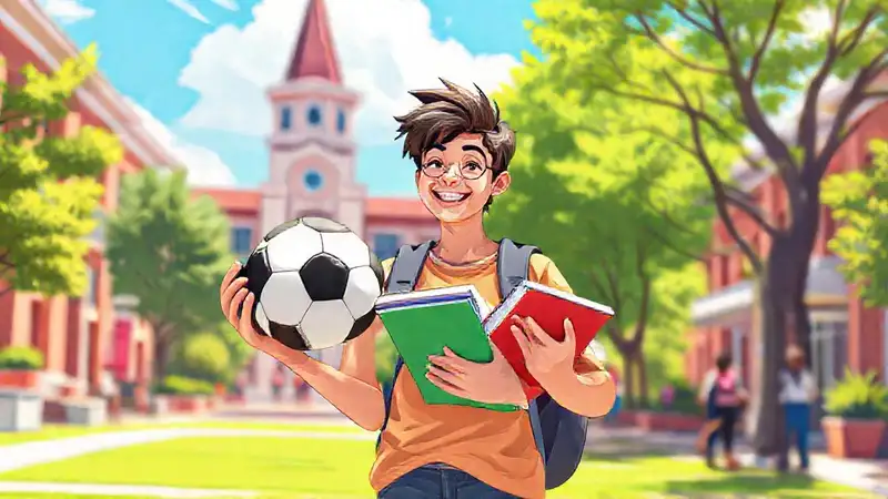 Estudiante alegre con libros y balón en campus