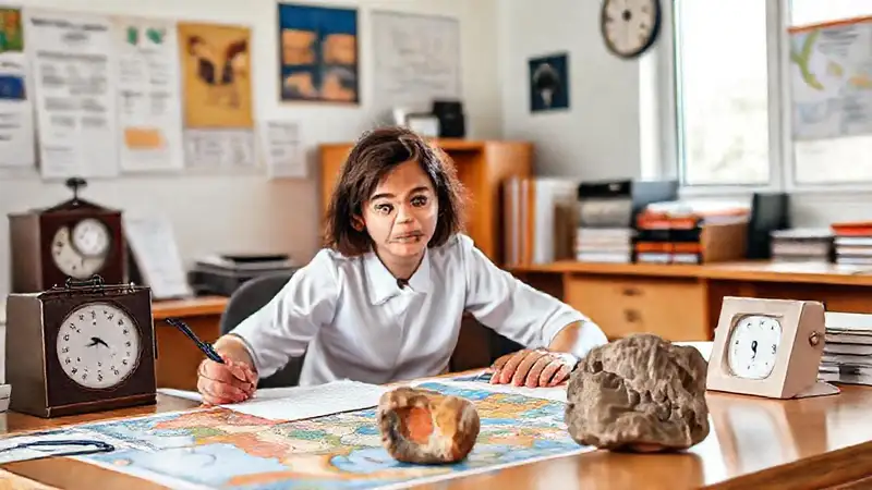 Mesa de estudio con mapas y rocas organizada