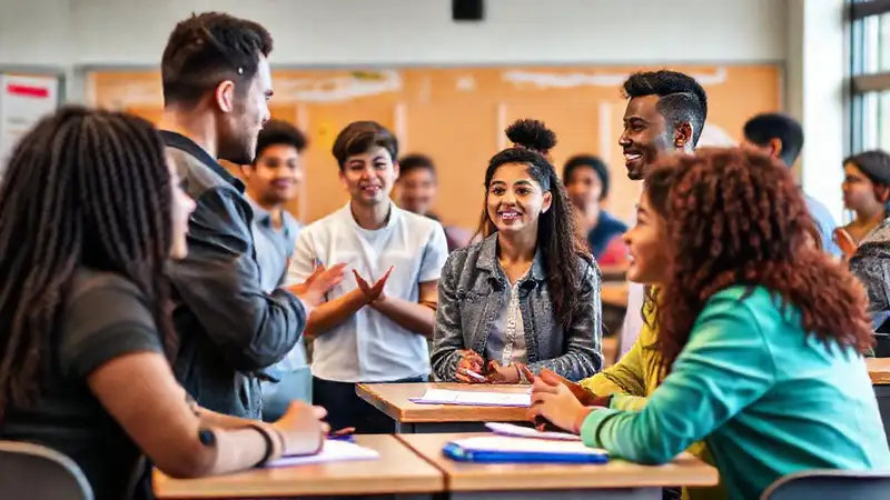 Estudiantes diversos debaten respetuosamente en aula moderna