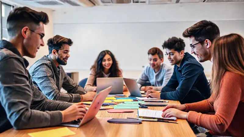 Estudiantes diversos colaboran en aula moderna