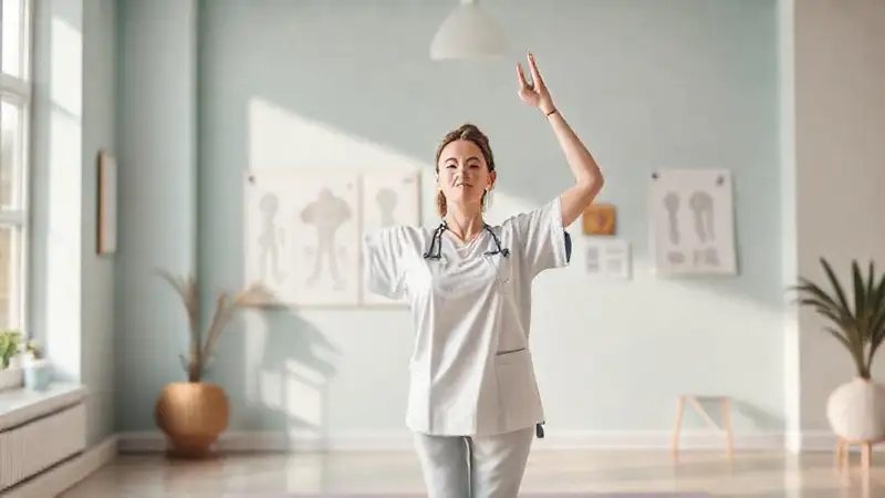 Enfermera haciendo yoga en ambiente sereno y moderno