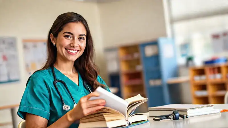 Estudiante de enfermería estudiando con confianza