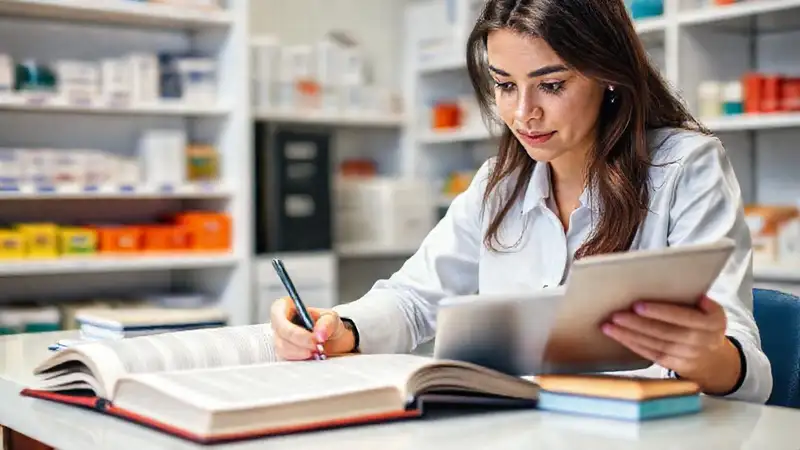 Estudiante estudiando con libros y suministros farmacéuticos