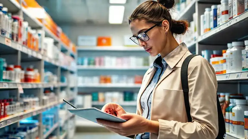 Estudiante toma notas en tableta en farmacia moderna