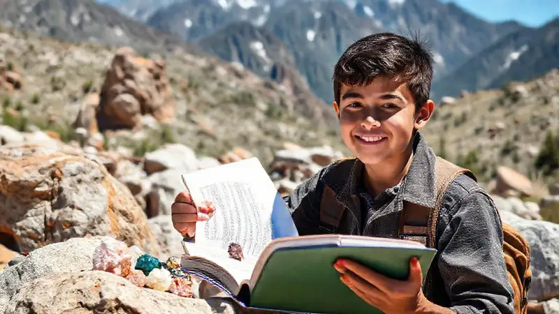 Estudiante estudia geología en paisaje natural