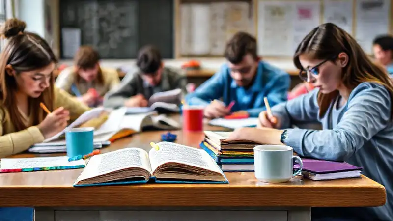 Estudiantes estudiando en escritorio colorido y motivador