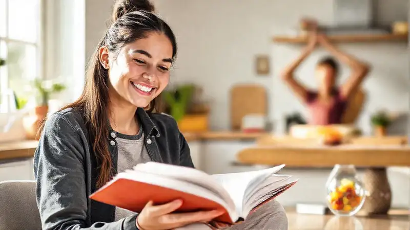 Estudiante saludable estudiando en cocina moderna