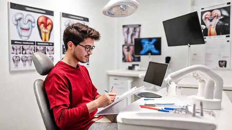 Estudiante de odontología estudia en clínica moderna
